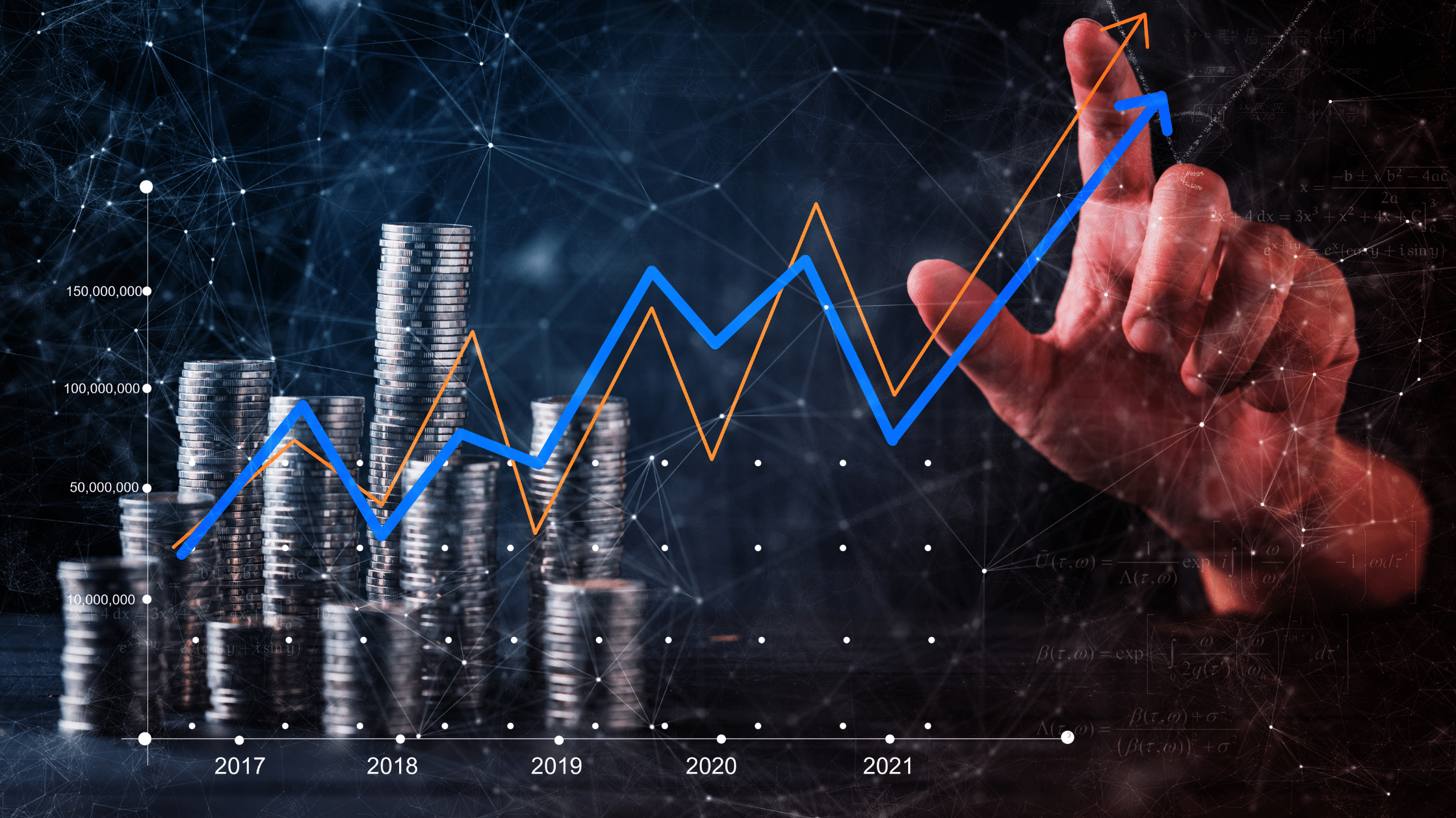 Coins stacked with arrows going up over the years